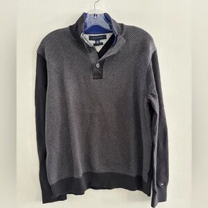 Tommy Hilfiger Charcoal Herringbone Sweater 1/4 Button Up Pullover Large Silk